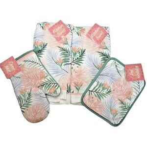 Pink Palm Kitchen Dish Towels Oven Mitt Potholder Beach Summer House Set of 4
